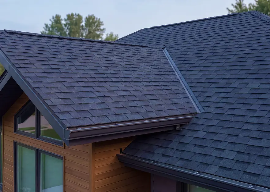Close-up of a modern wood-sided house with overlapping dark gray shingle roofs, tall windows, and leafy trees beneath a pale sky.