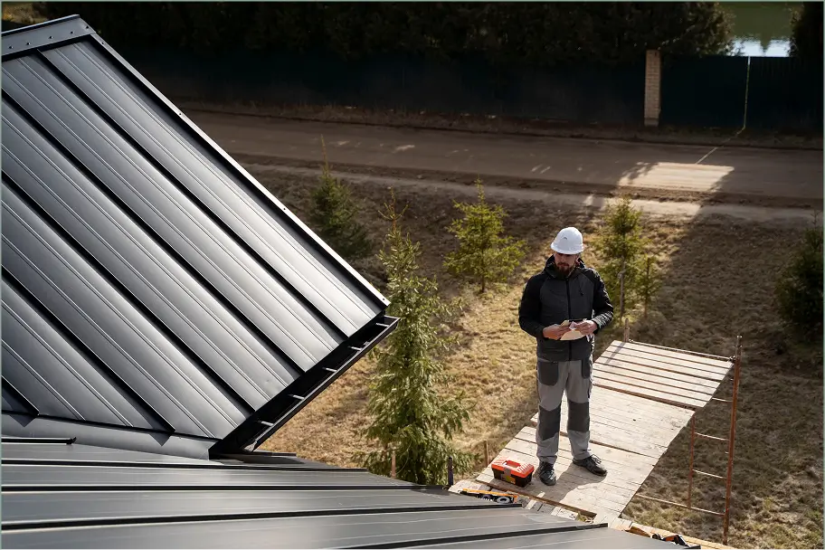 Construction worker in a white hard hat stands on a raised wooden walkway beside a sloped metal roof, with tools and trees below.
